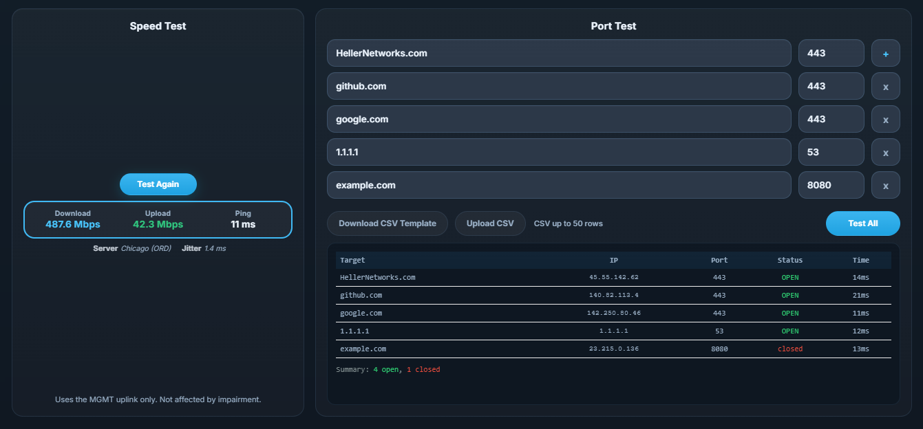 Speed test and port testing